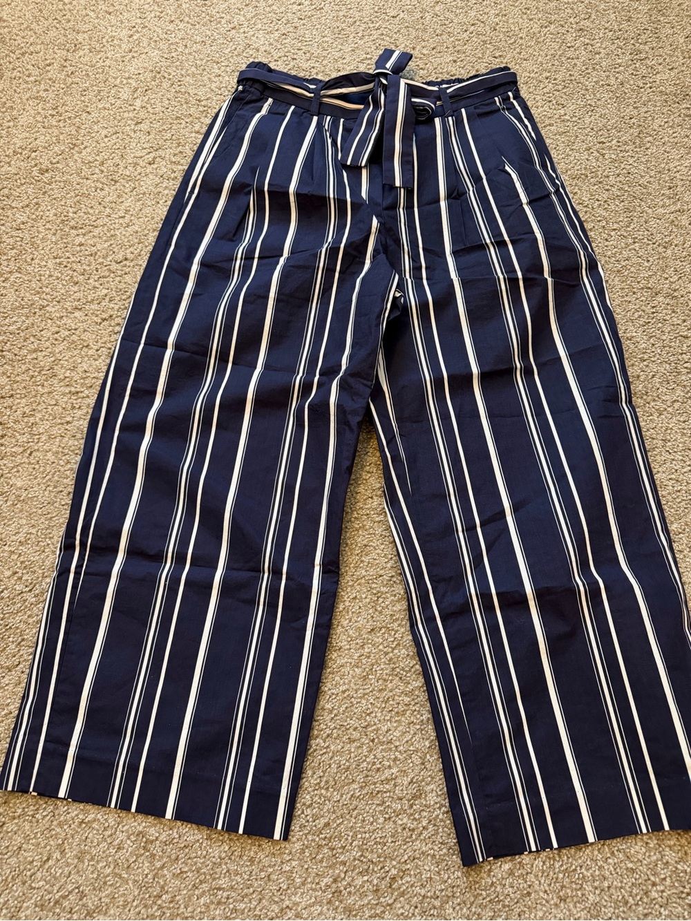 J Crew Striped Navy Wide-Leg Tie-Waist Pants